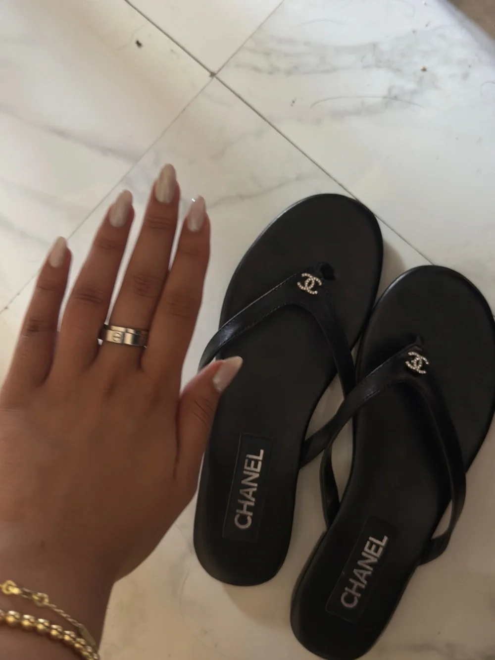 CHANEL Black Leather Logo Thong Sandals